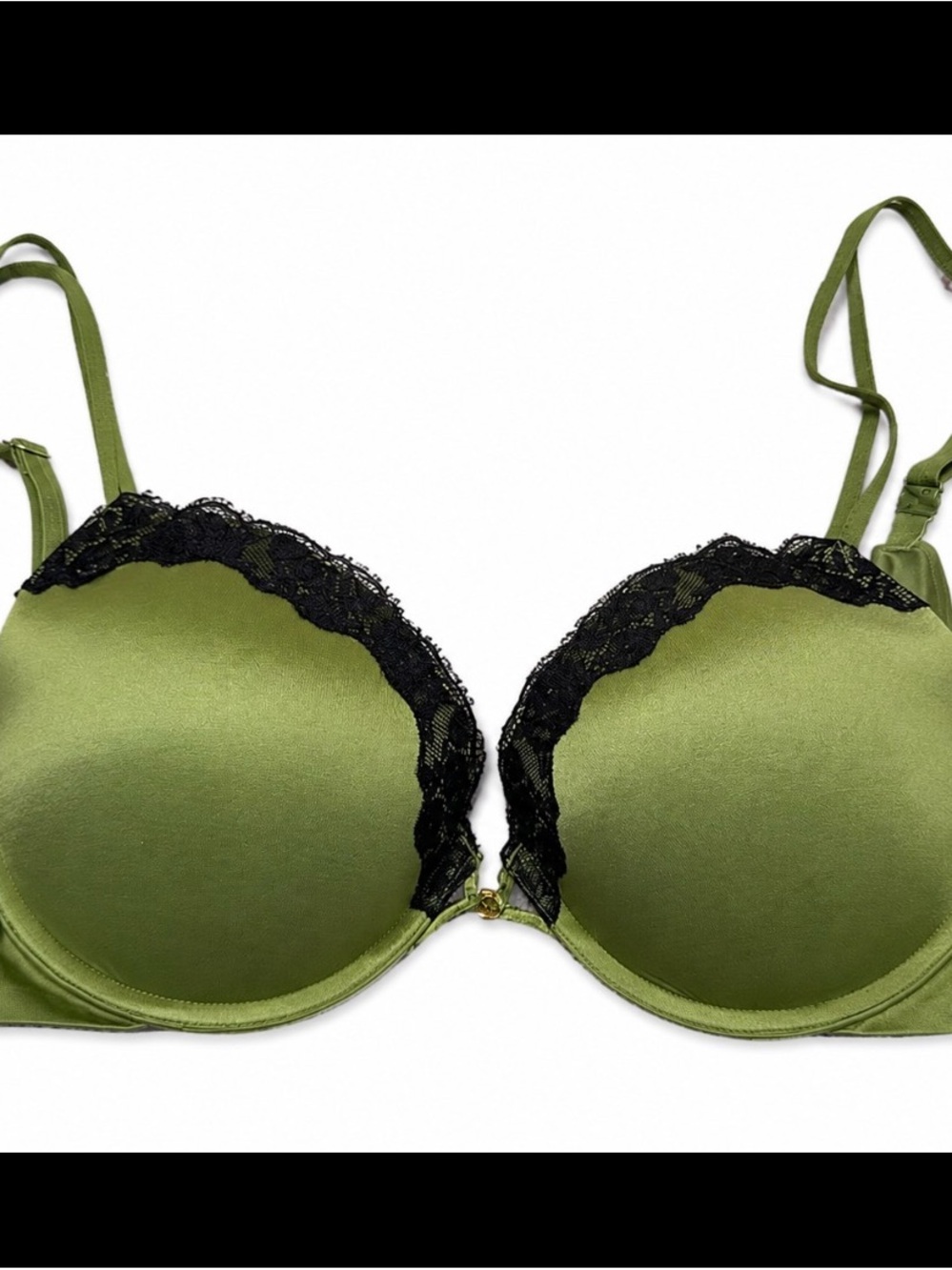 Victoria's Secret Olive Green Push-Up Bra with Black Lace Trim padded SZ 38C